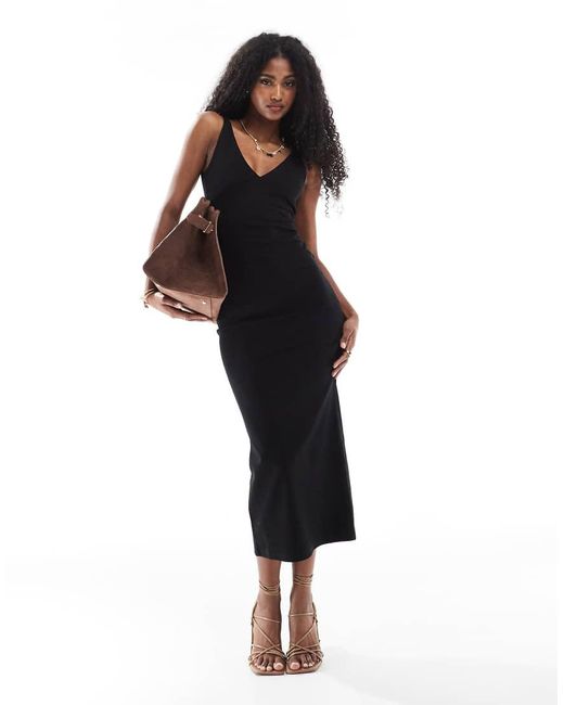Bershka Black Shaping Plunge Neck Midaxi Dress