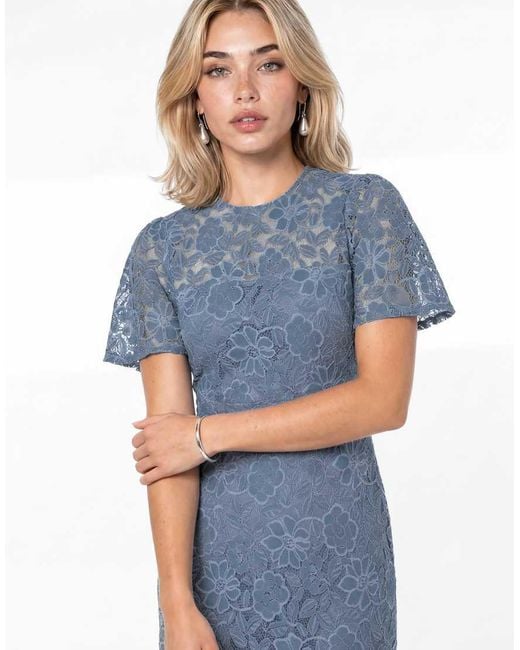 Lovedrobe Blue Floral Lace Angel Sleeve Midaxi Dress