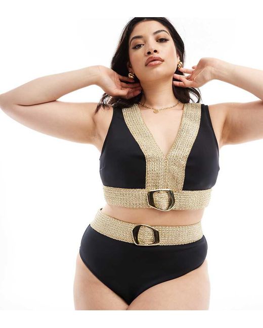 River Island Black High Waisted Bikini Bottom With Buckle Detail