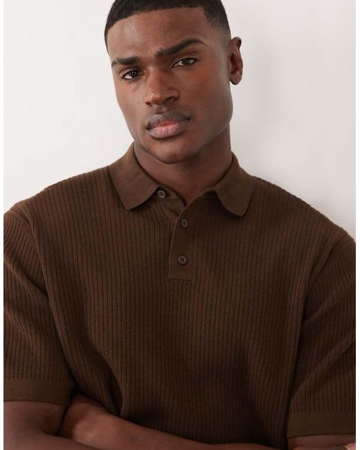 ASOS Brown Essential Oversized Fine Knit Polo for men