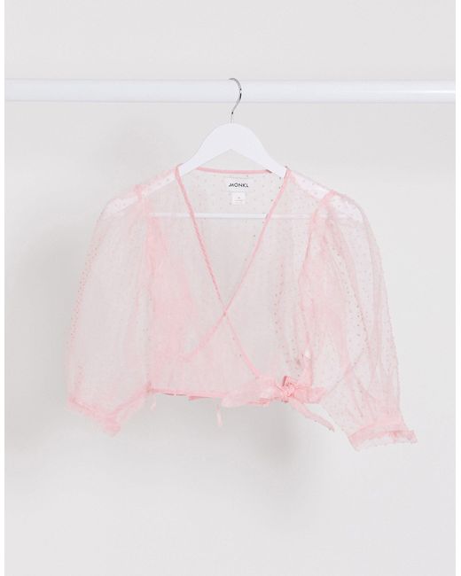Monki Pink Olivia Dotted Organza Puff Sleeve Wrap Blouse