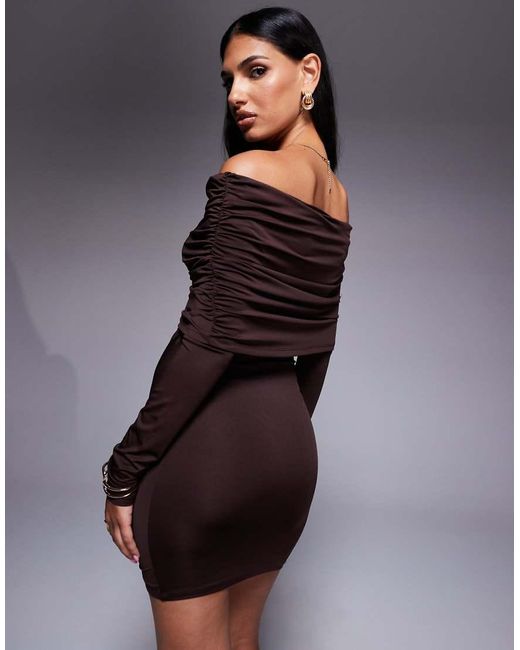 Aria Cove Blue Double Sculpted Slinky Ruched Extreme Foldover Asymmetric Shoulder Mini Dress