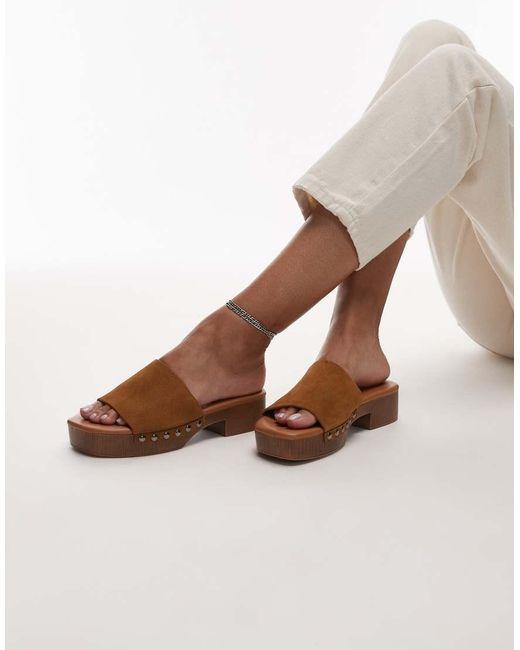 TOPSHOP Brown Hamilton Suede Clog With Studs
