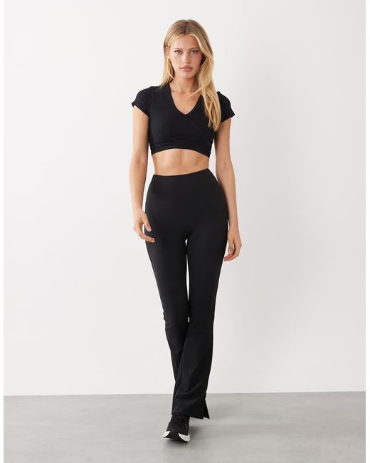 4505 Black Seamless Baby Rib Wrap Front Short Sleeve Top