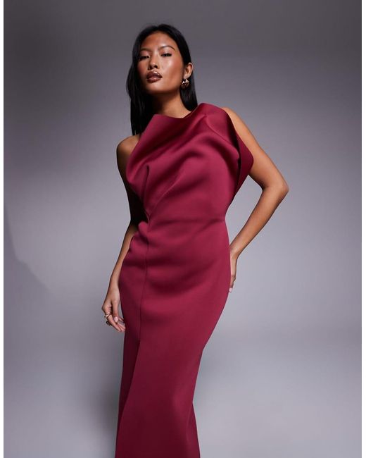 ASOS Red Asos Design Petite One Shoulder Exaggerated Twist Midi Dress