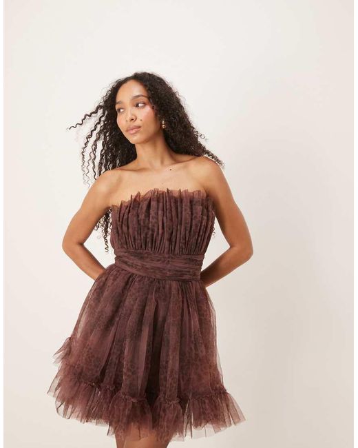 LACE & BEADS Mini Bandeau-Jurk Met Structuur En Luipaardprint in het Natural