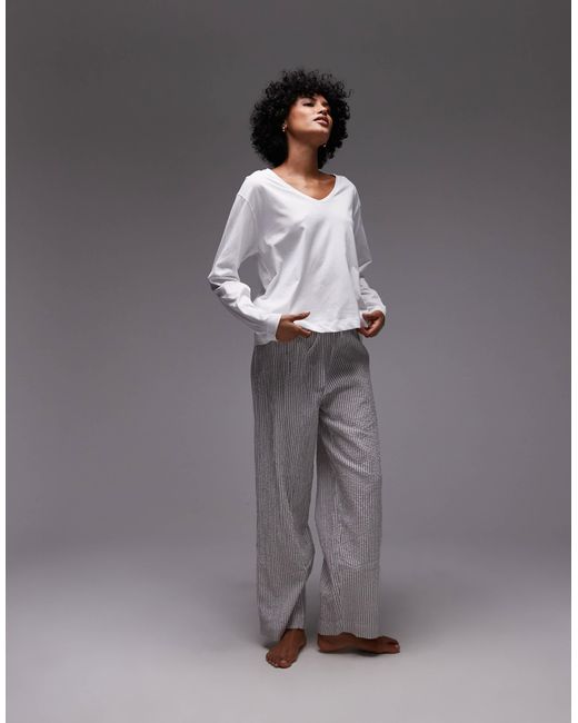 Mango Gray Cotton V Neck Long Sleeve Top And Seersucker Trouser Pyjama Set