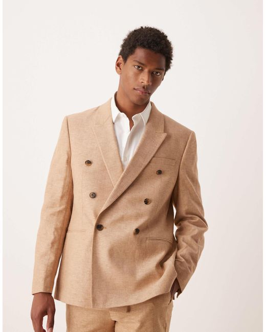 ASOS Natural Double Breasted Linen Blend Regular Suit Jacket for men