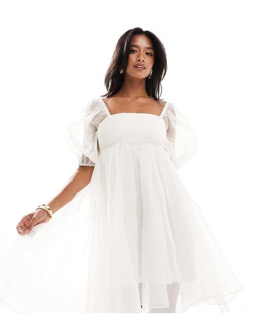 LACE & BEADS White Square Neck Babydoll Organza Mini Dress