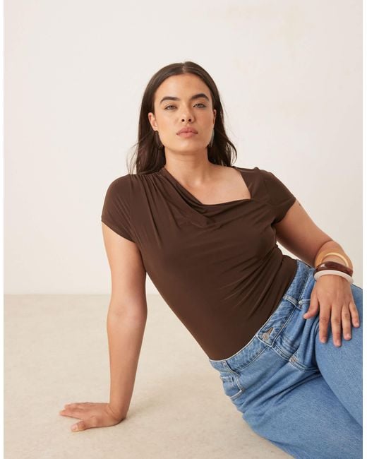 ASOS Brown Asos Design Curve Slinky Short Sleeve Bodysuit With Asymmetric Neckline And Draping