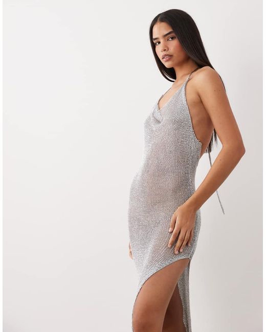 Kaiia Gray Exclusive Metallic Crochet Thigh Split Maxi Dress