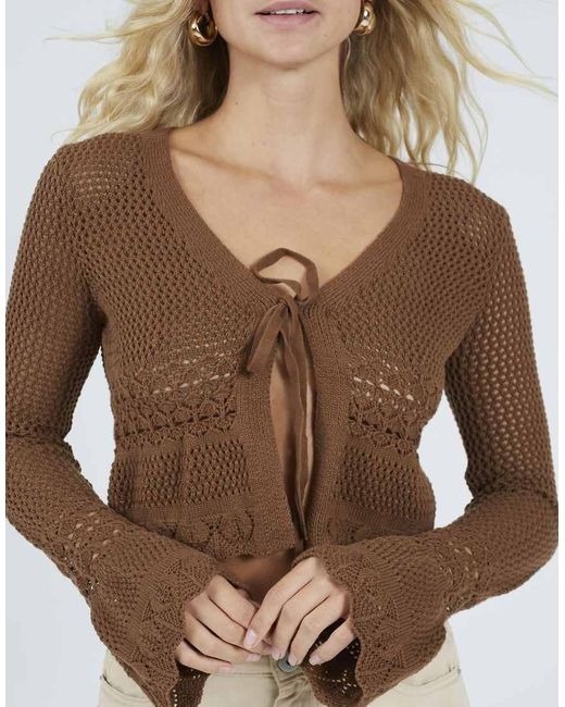 Brave Soul Brown V-Neck Tie Front Cardigan With Flared Cuffs