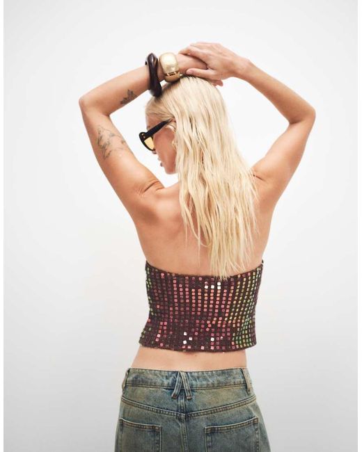 Motel Natural Kelabu Keyhole Detail Halter Neck Sequin Top Co-ord