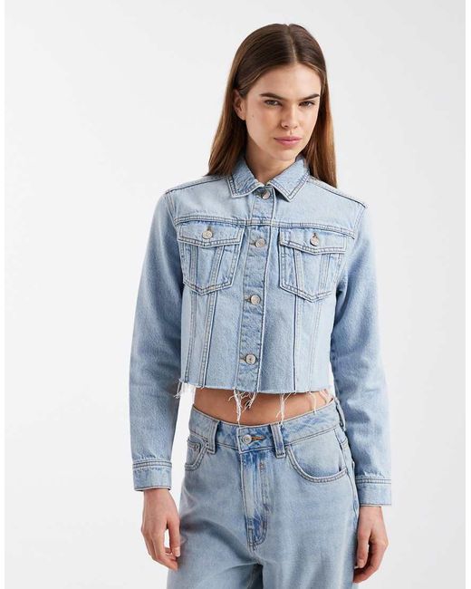 Mango Blue Teen 100% Cotton Cropped Denim Jacket
