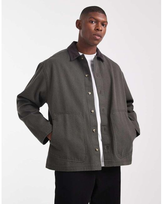 ASOS Gray Oversized Twill Shirt With Cord Collar for men