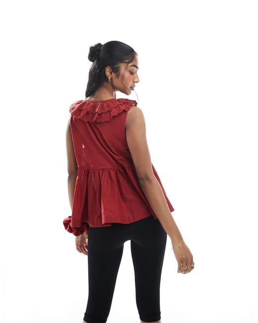 ASOS Red Sleeveless Smock Top With Broderie Collar And Tie Neck