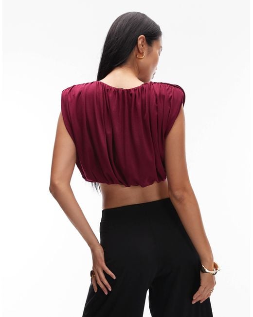 ASOS Red Shoulder Pad Detail Bubble Hem Top With Gathers