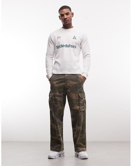 Faded Store White 100% Cotton Long Sleeve Waffle T-shirt With Front Logo Print for men