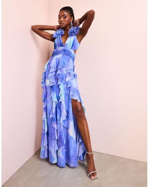 ASOS Blue Plunge Maxi Dress With exaggerated Ruffles And Ruched Details
