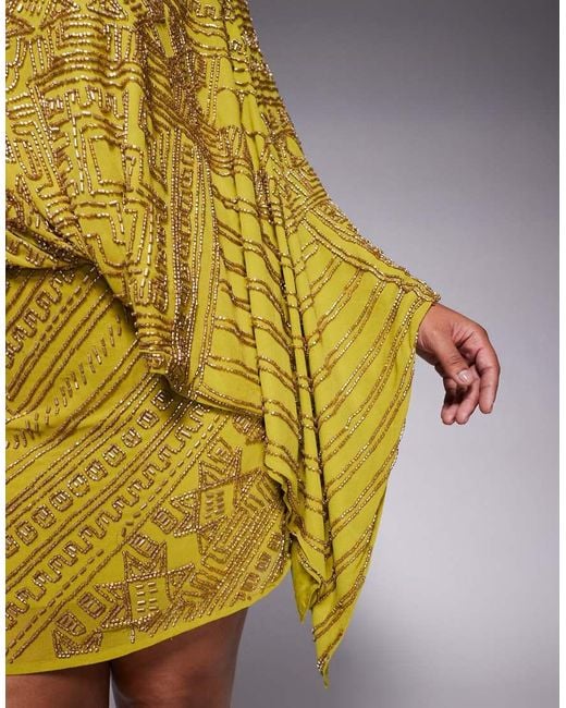 ASOS Yellow Asos Design Curve Asymmetric Cape Detail Allover Embellished Mini Dress