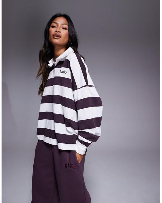 Kaiia Purple Exclusive Cotton Rich Oversized Long Sleeve Rugby Top