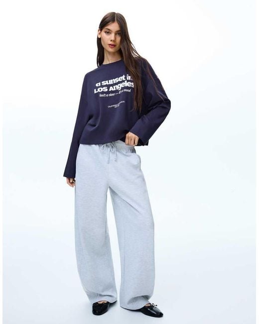 Bershka Blue Long Sleeve Boxy T-shirt With Print