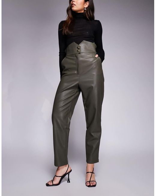 Bardot Green Leather Look Shaped High Waisted Tapered Trousers