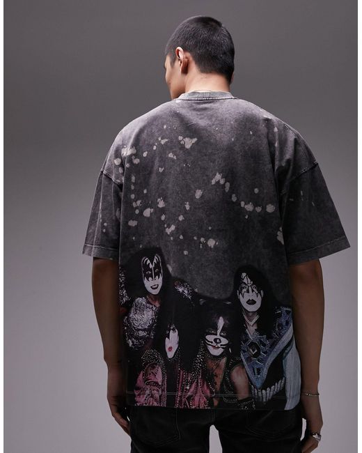 T-shirt super oversize slavato con stampa della band "kiss" di Topman in Gray da Uomo