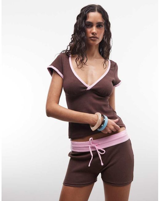 Princess Polly Brown Baseline Contrast Trim Wrap Top Co-Ord