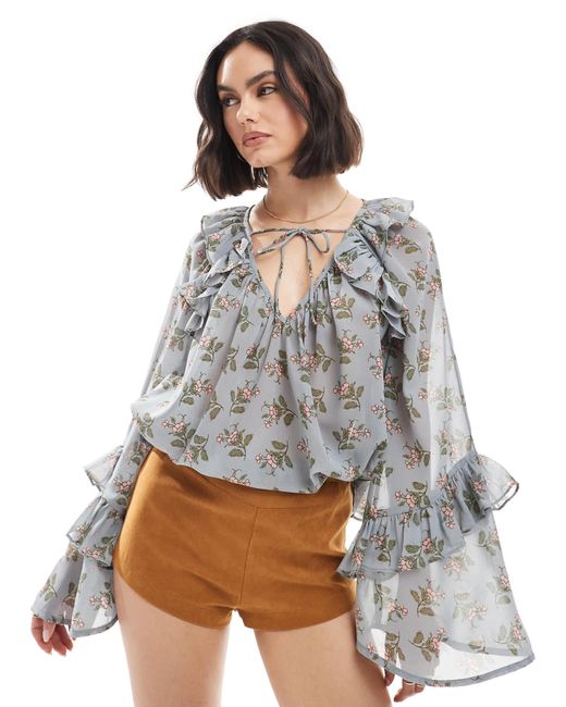 ASOS White Tie Neck Smock Top With Flare Sleeves