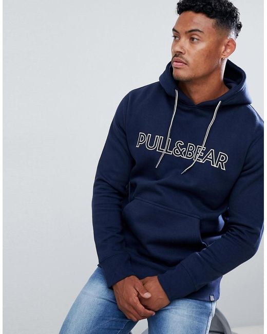 Pull&Bear Hoodie In Navy With Logo in Blue for Men