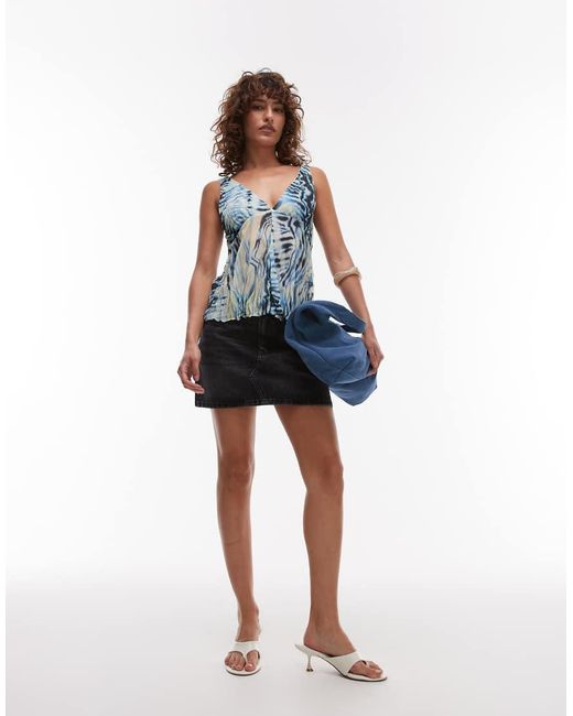 TOPSHOP Gekreukeld Mesh Top Met V-Hals En Print in het Blue