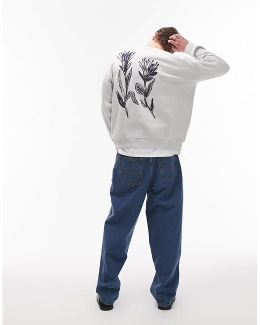 Topman Gray Oversized Fit Sweatshirt With Front And Back Floral Motif Print for men