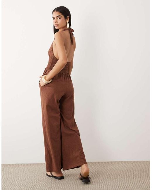 ASOS Brown Crochet Shirred Jumpsuit