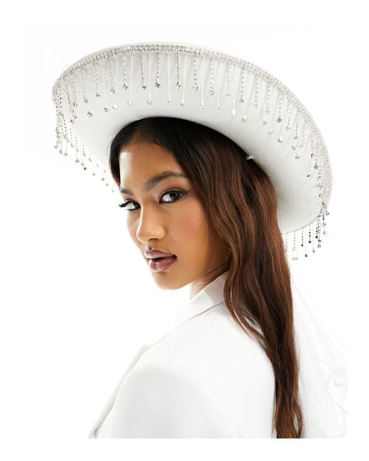South Beach Gray Embellished One Last Disco Bridal Cowboy Hat With Detachable Veil