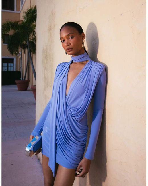 ASOS Blue Mesh Draped Power Shoulder Mini With Scarf