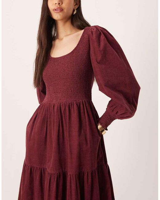 Nobody's Child Ruby Cord Shirred Detail Balloon Sleeve Tiered Midi Dress