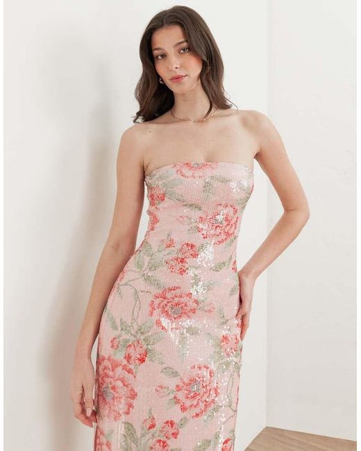Maya Pink Printed Sequin Bandeau Maxi Dress