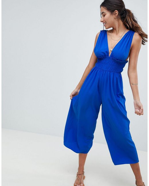 blue plunge jumpsuit