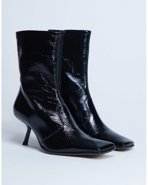 TOPSHOP Black Sienna Premium Leather Square Toe Mid Heel Boot