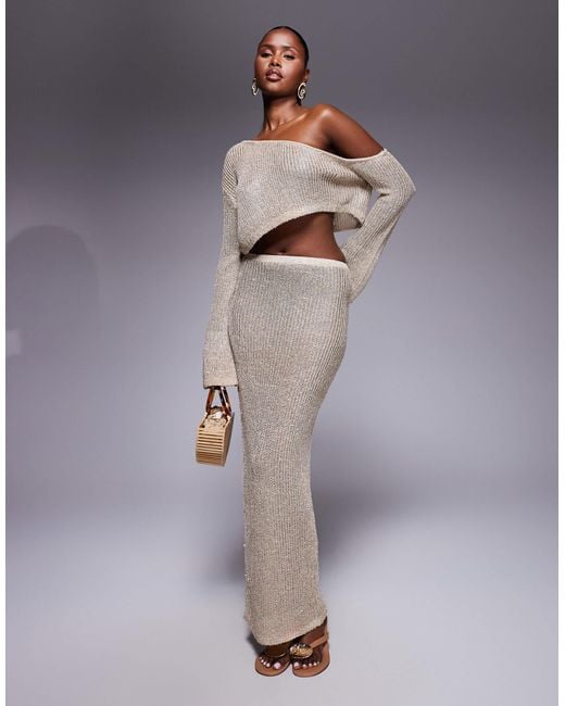Wanderdoll Gray Gigi Metallic Knit Maxi Beach Skirt Co-Ord