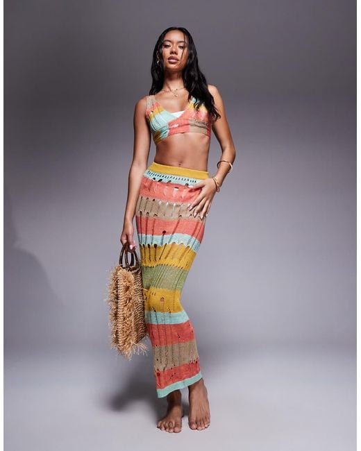 Missy Empire Blue Beach Distressed Knit Maxi Skirt Co-Ord