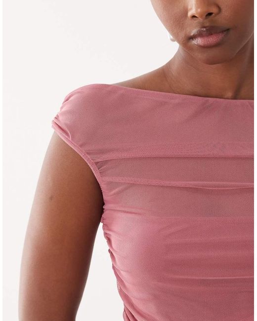 ASOS Pink Mesh Gathered Short Sleeve Off Shoulder Top