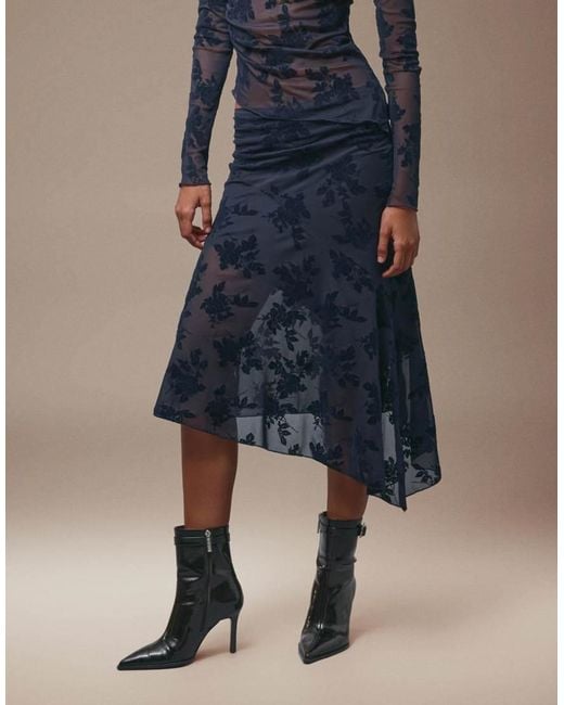 Bershka Blue Printed Midi Skirt