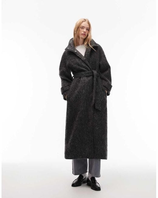 Collusion Black Brushed Marl Longline Belted Overcoat