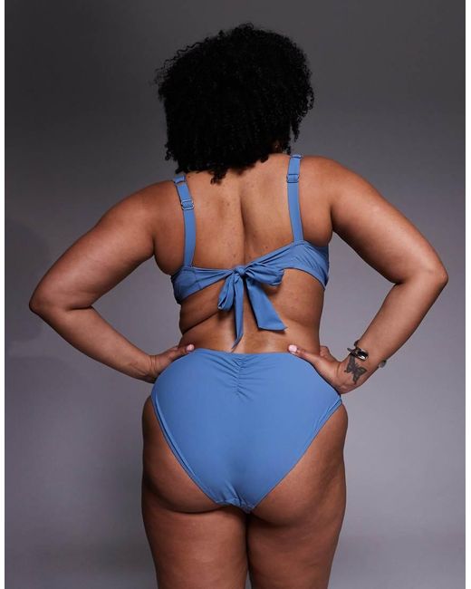 ASOS Blue Asos Design Curve Penelope Pleat High Waist Bikini Bottoms With Front Tie