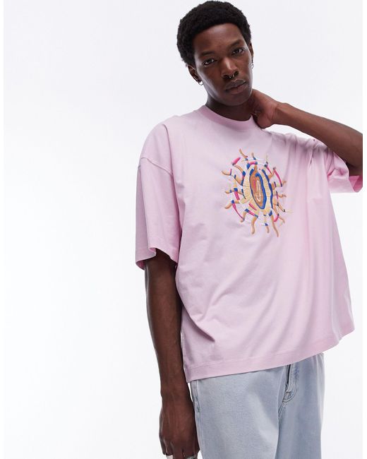 T-shirt super oversize slavato con sole ricamato di Topman in Pink da Uomo