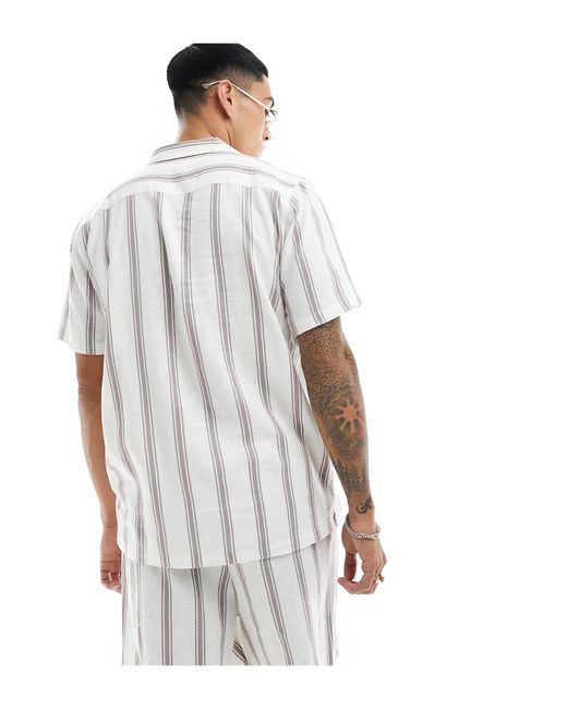 New Look White Short Sleeved Striped Linen Blend Shirt for men