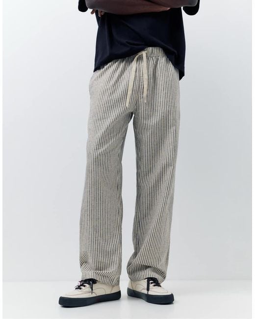 Pull&Bear Gray Rustic Striped Trousers for men