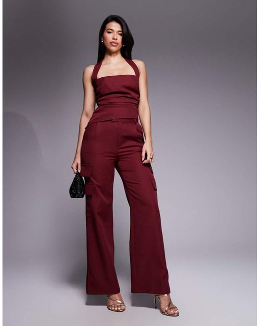 Kaiia Exclusive Tailored Square Halterneck Ruched Detail Top Co-Ord